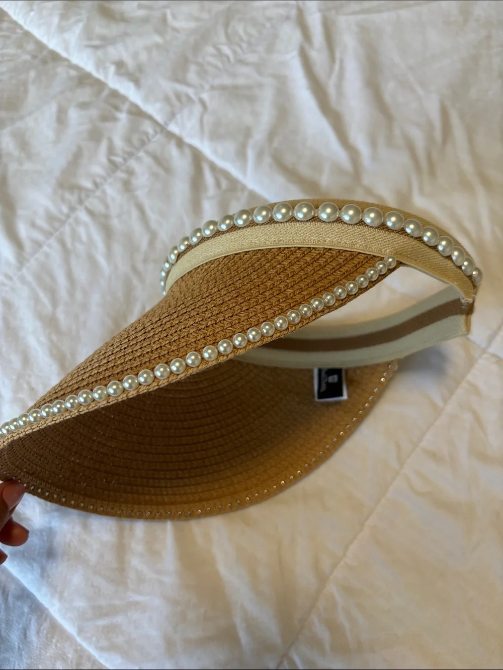 Pearl-Trim Straw Visor Hat in Tan